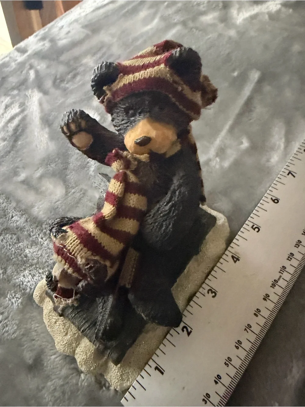 Rustic Bear Figurine with Burgundy & Cream Striped Scarf - Home Accent